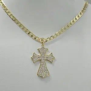 Gold Cuban Chain Necklace 20 Inches with Cross Pendant Featuring CZ Stones High-Quality Water-Resistant for Daily Wear Elegant Design