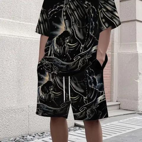 Men's 2-Piece Style 3D Print Short Sleeve T-Shirt and Shorts Outfit Set, Casual Fitted Fit for Outdoor Travel & Home, Fitness & Holiday Gift