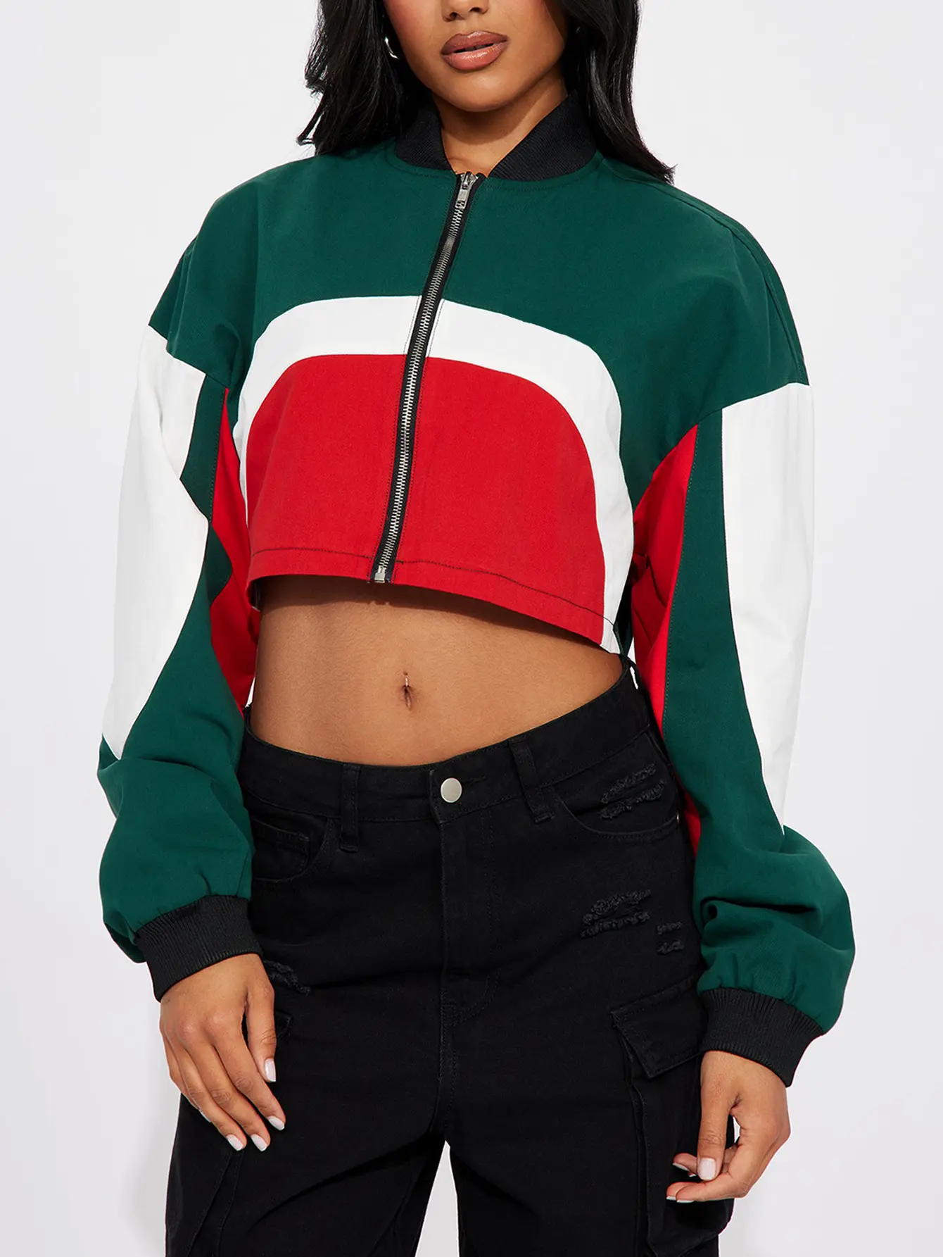 JOYPAY Women's Plus-Size (0XL,2XL,3XL) Colorblock Bomber Jacket - Casual Loose-Fit Polyester Blend Long-Sleeve Zipper-Closure Short Coat, Breathable, Comfortable, Sporty Chic, Machine-Washable, Non-Dry-Cleanable