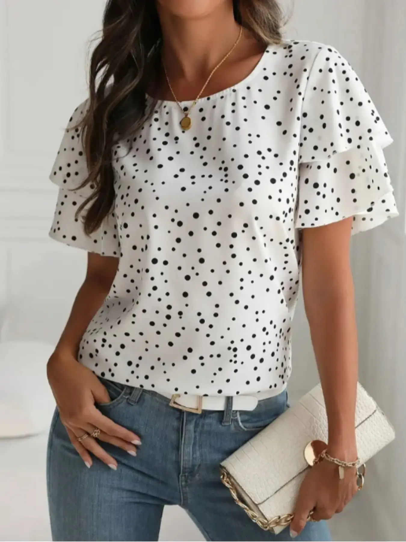 Women's Plus Size Summer Fitted Princess Sleeve Round Neck Polka Dot Print Short Sleeve Top, Casual Tops Fashion Blouse Shirts for Women