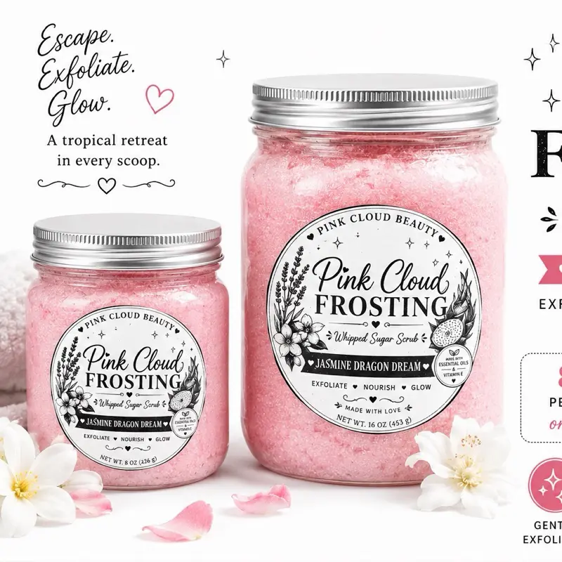 Pink Cloud Frosting Whipped Sugar Scrub - Silky Body Care Product with Fluffy Texture, Gentle Formula, Passion Dragon Dream Scent Blend, Home Fragrance Home Care Supply