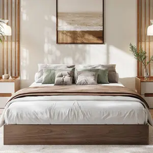 TWISTER.CK Wood Bed Frame Queen Size, Floor Standing Bed Frame with Wooden Slat, Support, No Box Spring Needed, Noise Free & Easy Assemble, Modern Minimalist Bedroom Furniture for