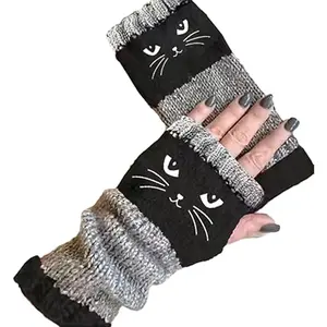 Cat Knitted Fingerless Gloves, Cat Splicing Knitted Gloves Warm Glove Fashion, Women’s Knitted Fingerless with Cute Cats, Cat Fingerless Gloves, Fingerless Cat Gloves, for Warm Hands & Free Fingers