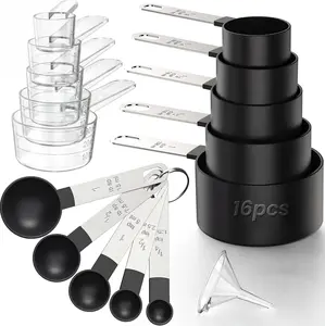 16PCS Measuring Cups and Spoons Set, Measuring Spoon Set with Metric and US Measurements, Fits for Measuring Dry and Liquid - Black THLHKD