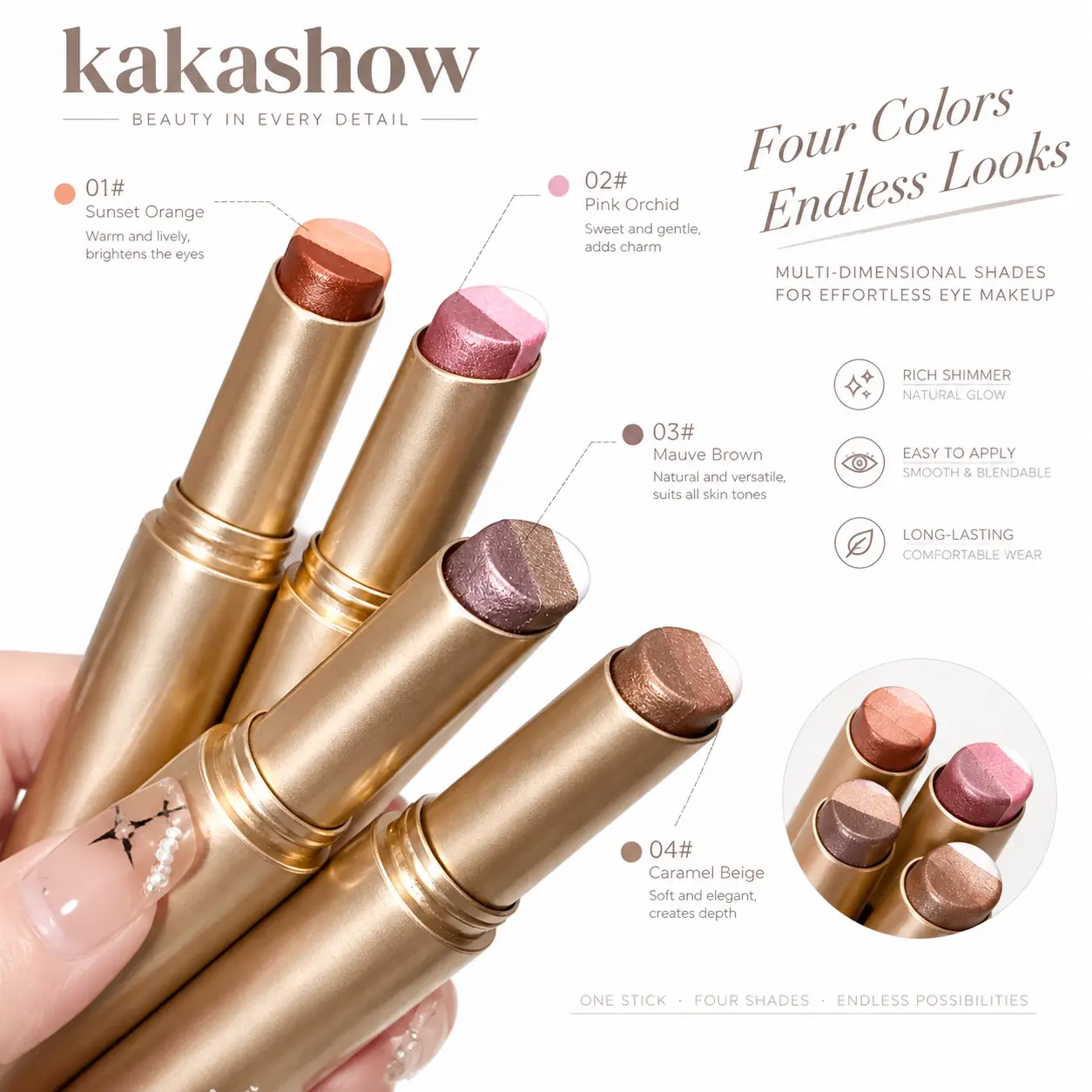 Buy 1 Get 3 Free, 3-Color Eyeshadow Stick, Cream Shimmer Eye Shadow, Waterproof & Long-Lasting Makeup, Fine Shimmer Brownish Orange