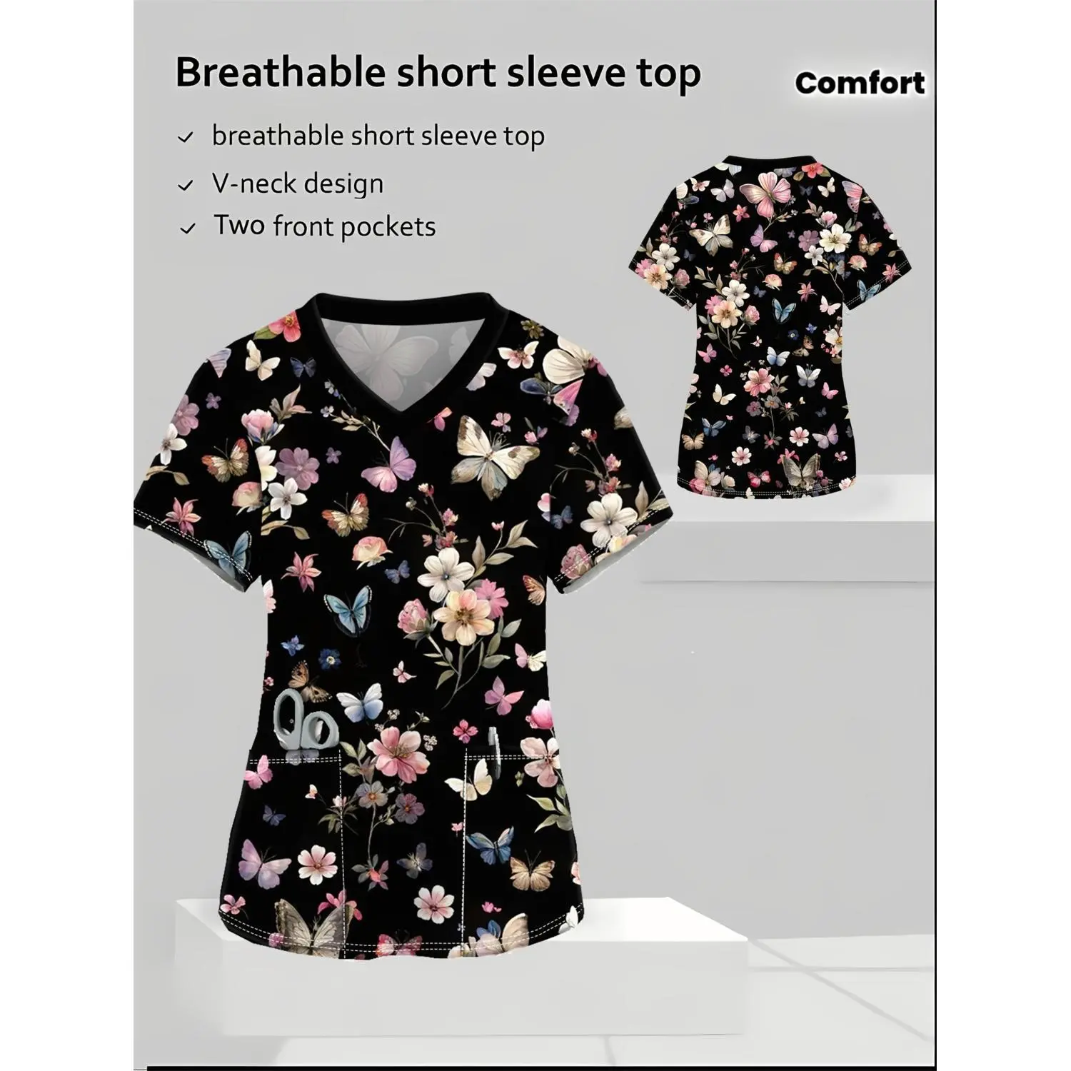 Floral V-Neck Women's Nurse Uniform - Short Sleeve Scrubs with Pockets, Breathable Machine Washable Polyester Blend for All-Season Comfort