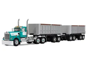 Kenworth W900A Day Cab with 22' Dual End Dump Trailers Turquoise with White Stripes 1/64 Diecast Model by DCP/First Gear