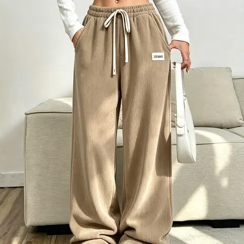 JOGWAVE Women’s High-Waisted Wide-Leg Loose Flannel Pants - Comfy High Waist Trouser Clothes for Autumn/Winter Home, Daily Commuting, Machine Washable, No Iron Needed