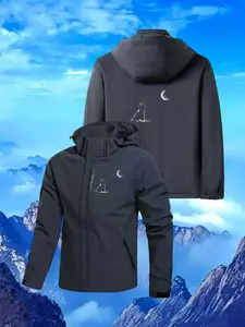 Simple Moon Cat Print Hooded Jacket, Unisex Windproof Waterproof Casual Coat, Loose-Fitting Geometric Pattern, All Seasons Fashion