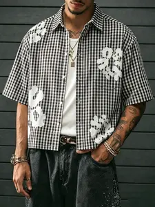 Viral trend plaid cropped button-up shirt | Vintage floral/star patterns, loose short sleeves, Y2K aesthetic street style top, suitable for both men and women