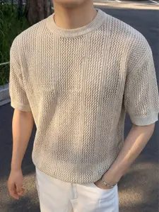 ANDREILEE Menswear Short-Sleeve Knit T-Shirt - Korean Minimalist Loose-Fitting, Polyester Striped, Semi-Sheer, Breathable Crew Neck Basic Men's Pullover for Commuter Spring/Summer Tops, Knitwear