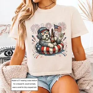 Comfort Colors Boxy Tee Patriotic English Sheepdog Graphic Tee Cropped Shirt Womens USA Flag Puppy T-Shirt 4th of July Shirt Dog Lover Gift Vintage Cute Tee