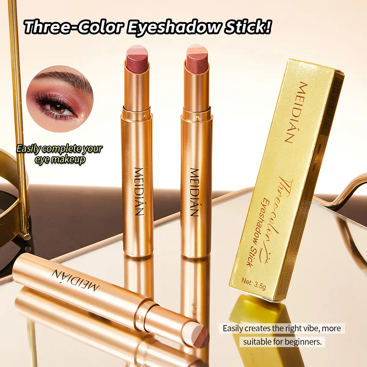 3-in-1 Easy Eyeshadow Stick for Beginners - Smudge-Proof in Seconds, 1-Stroke Application, Creamy Cosmetic Eye Shadow Sticks with Shimmer Matte Eyeshadows