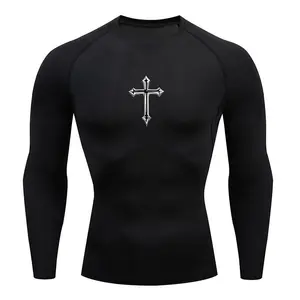 Aesthetic Gothic Cross Muscle Fit Compression Shirt | Trendy Men's Long Sleeve Gym Top for Streetwear & Bodybuilding | High Performance Quick Dry Athletic Tshirt for Fitness Enthusiasts  Sports Apparel Running Training Tops