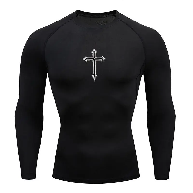 Aesthetic Gothic Cross Muscle Fit Compression Shirt | Trendy Men's Long Sleeve Gym Top for Streetwear & Bodybuilding | High Performance Quick Dry Athletic Tshirt for Fitness Enthusiasts  Sports Apparel Running Training Tops