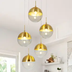 Copper-colored 5-head transparent glass chandelier