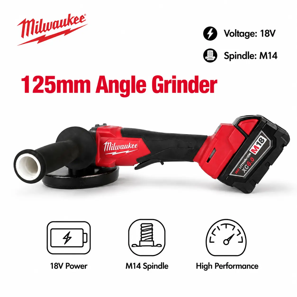 Milwaukee 125mm Cordless Angle Grinder 18V M14 Thread Grinding Cutting Tool For Automotive Repair Metalworking Construction Installation And Workshop Projects With High Speed Rotation Paddle Switch And Compact Portable Design