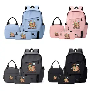 3pc Plain Backpack Set, Cartoon Print, Casual Printed Backpack, Multi-Scene Practical, Couple Bag, School Bag, Travel Bag, Commuter Bag, Large Capacity, Adjustable Straps