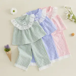 Babamoon 2Pcs Kids Toddler Baby Girl Summer Outfits Set Lace Floral Plaid Sleeveless Bow Front Tank Tops + Pants Set Baby Girls Clothes Set 6M-4Y