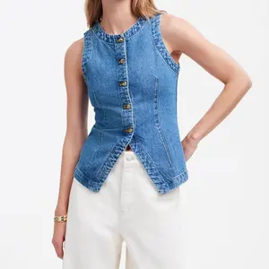 2025 Summer New Sleeveless Slim Fit Denim Vest Women's Round Neck Waistcoat Vest