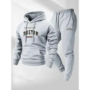 Men's Boston Print Hoodie and Sweatpants Set - Casual Long Sleeve, Crew Neck, Non-Stretch Fabric, Pockets, Suitable for Autumn and Winter, Sportswear, Casual Wear|Hoodie|Sports pants with pockets