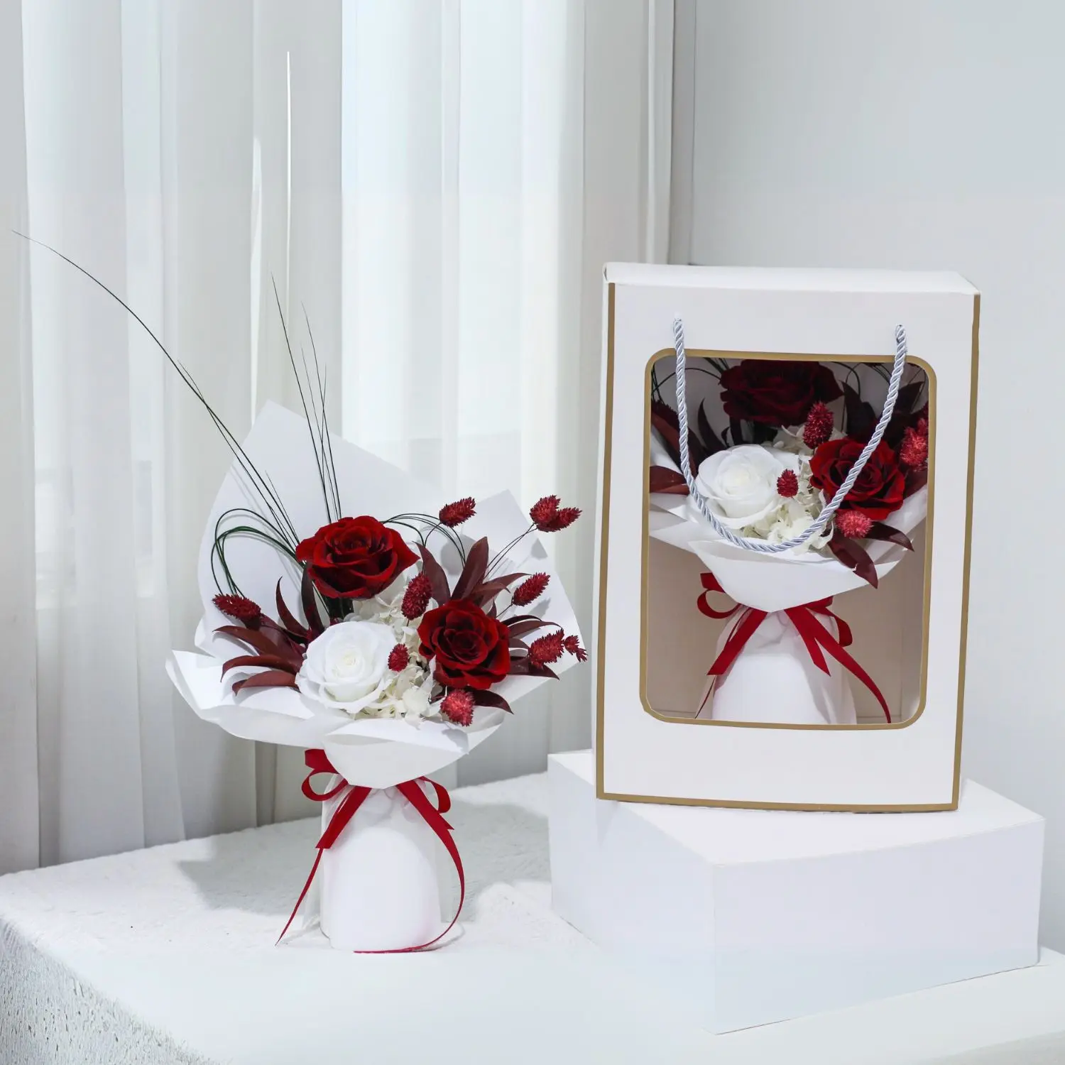 DAMOR Preserved Flowers Bouquet, Long Lasting Real Roses, Valentine, Mother Day, Anniversary, Birthday Gifts for Women, Flowers for Delivery Prime, Low Maintenance, Gift Box and Vase Arrangement