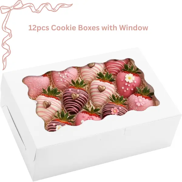 12 Pcs Bakery Boxes with Window, 9x6x3 Inch White Cookie Boxes for Desserts, Pastries, Muffins, Donuts & Chocolate Covered Strawberries, Disposable Food Packaging Gift Boxes