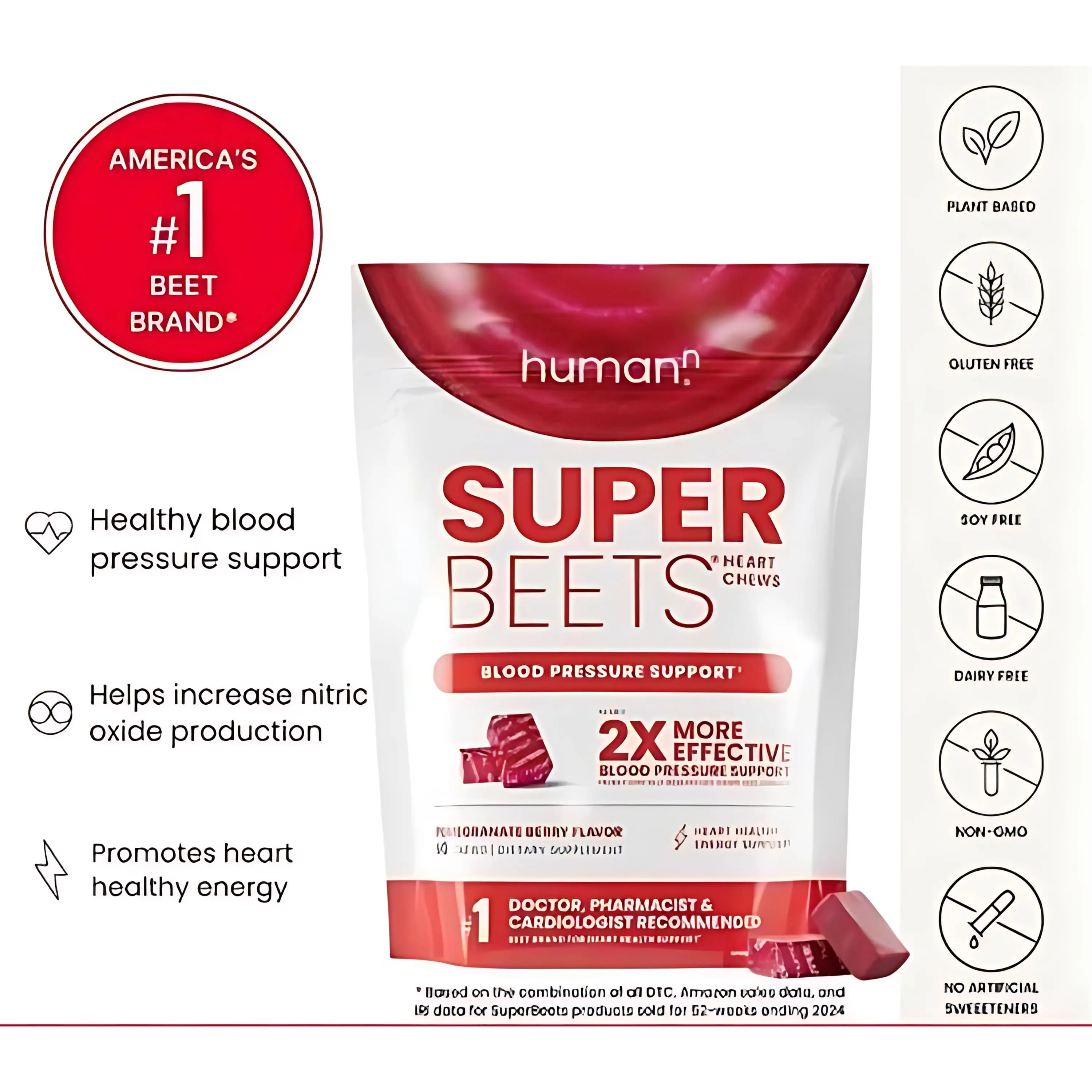 Humann SuperBeets Heart Chews - Nitric Oxide Supplement for Blood Pressure & Cardiovascular Support, Plant-Based Antioxidants, Pomegranate Berry Flavo
