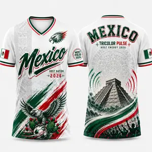 Mexican-Inspired White Tricolor V-Neck Graphic Shirt, Eagle Cactus Pyramid Print Short Sleeve Sports Top, Casual Shirt for Men