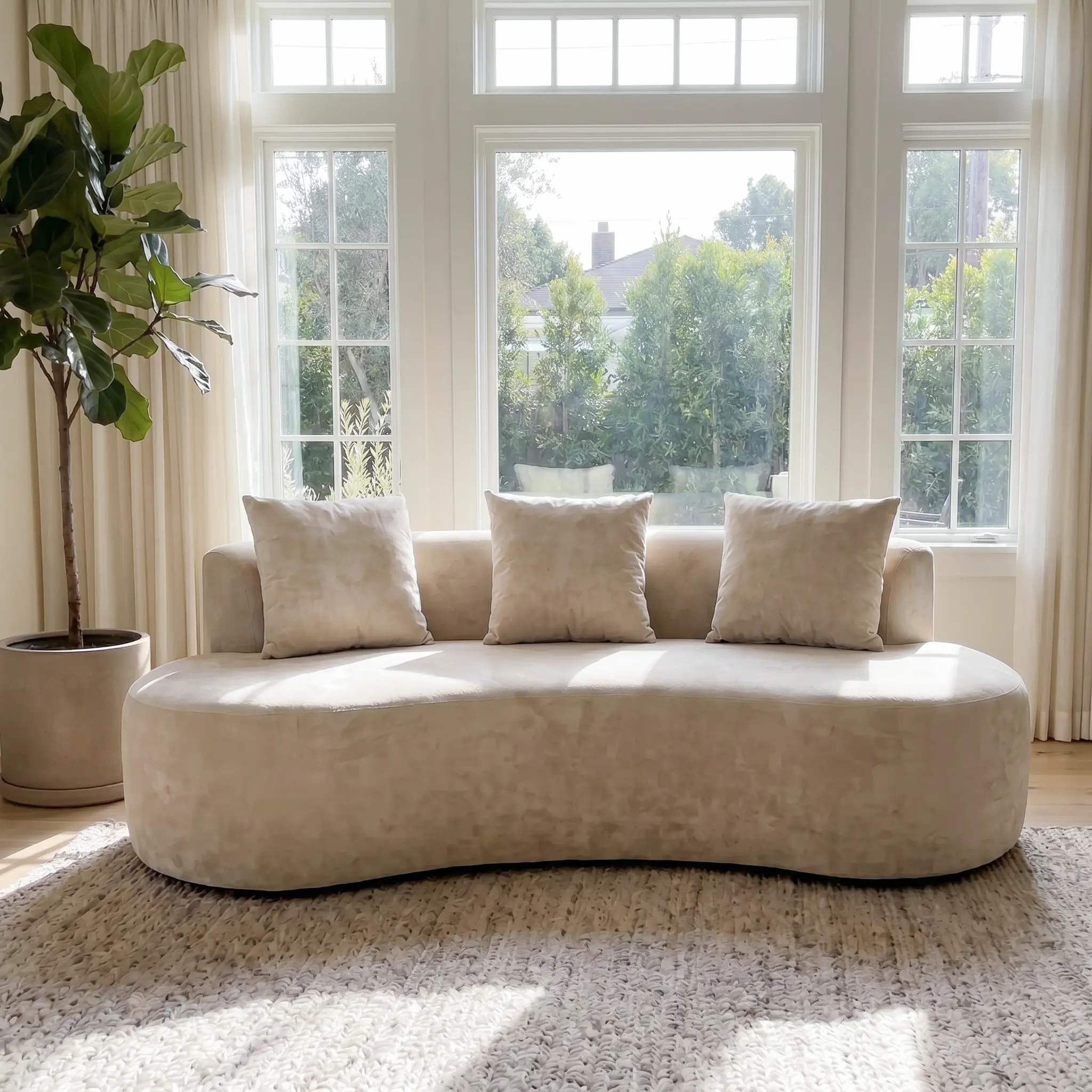 FUFU&GAGA  Cream White Curved Velvet Sofa, Deep Seating High Density Foam Curved Cloud Couch, No Sharp Corners Contemporary Curved Sofa for Apartment & Villa