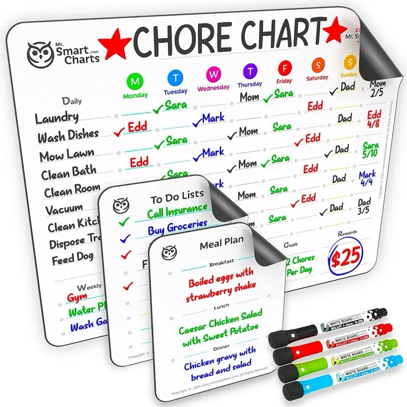 Mr. Smart Charts Magnet Dry Erase Chore Chart for Kids with Meal Planner, To Do List, 4 Markers for Multiple Family Members magnetic Calendar