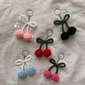 Crochet cherry bow keychain | crochet cherry keychain | crochet bow keychain | coquette crochet | coquette crochet keychain