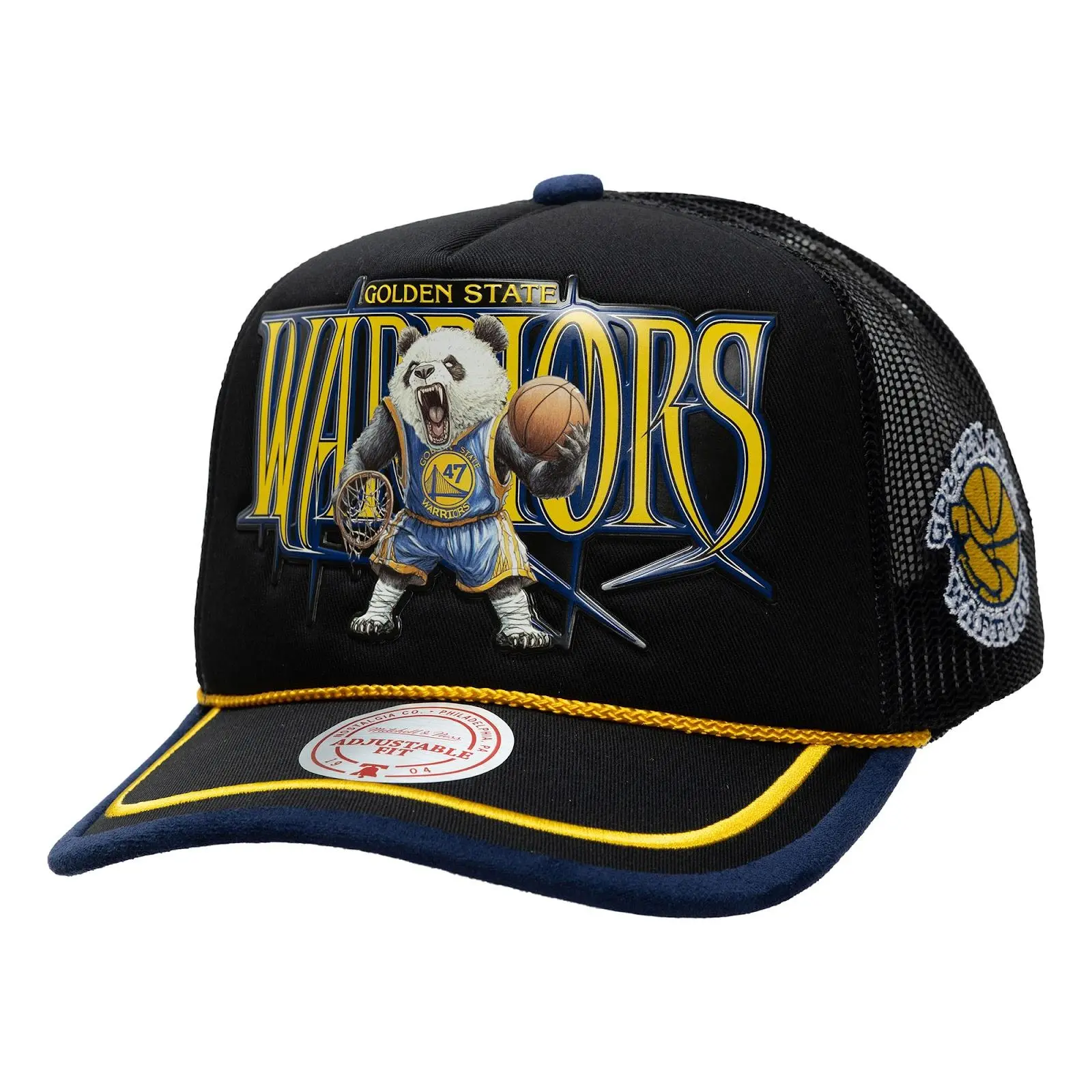 Golden State Warriors M&N x LRG Black Hardwood Classics Wild Art Trucker Adjustable Hat NBA Throwback Cap Fan Gear Mitchell & Ness