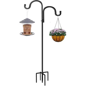 Double Shepherds Hook for Outdoor,94 Inch Bird Feeder Pole with 5 Prongs Base,Adjustable Heavy Duty Garden Hanging Holder for Hanging ,Solar Light,Weddings Decor,Hummingbird Feeder(1 Pack)