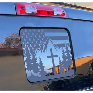 Ford F150 2015-2024 2025 2026 Rear Window Decal, Precut American Flag Cross Mountain Forest Scene Sticker, Matte Black Vinyl Patriotic USA Flag Truck Back Sliding Glass Decal, Exterior Accessories