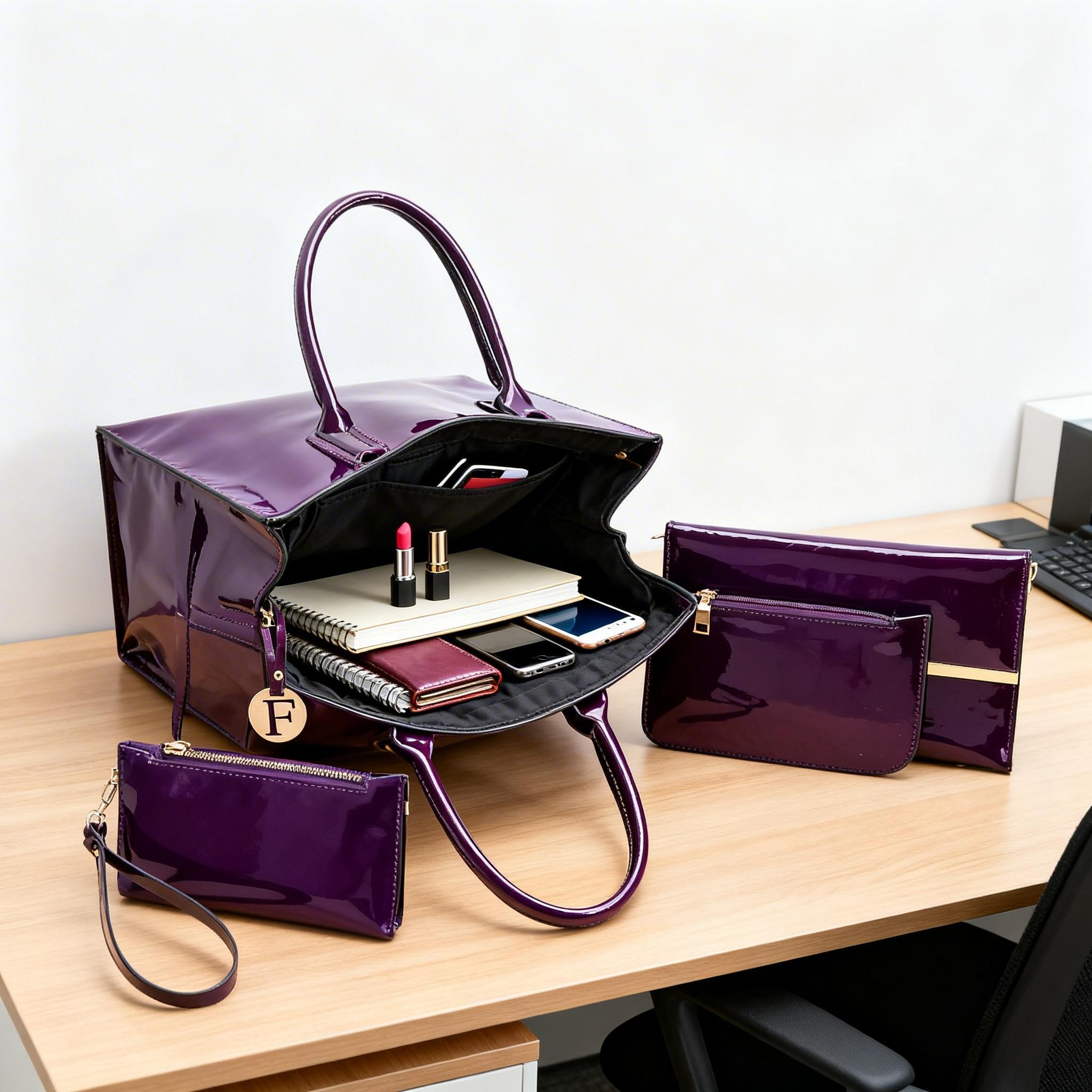 Women's Glossy Patent Leather Tote Bag 3 In 1 Set, Luxury Large Capacity Shoulder Crossbody Handbag with Zipper Closure, Elegant Shiny Purse for Office Work Daily Use Shopping Travel, Ideal Gift for Her Women Girls Birthday Christmas Mother's Day