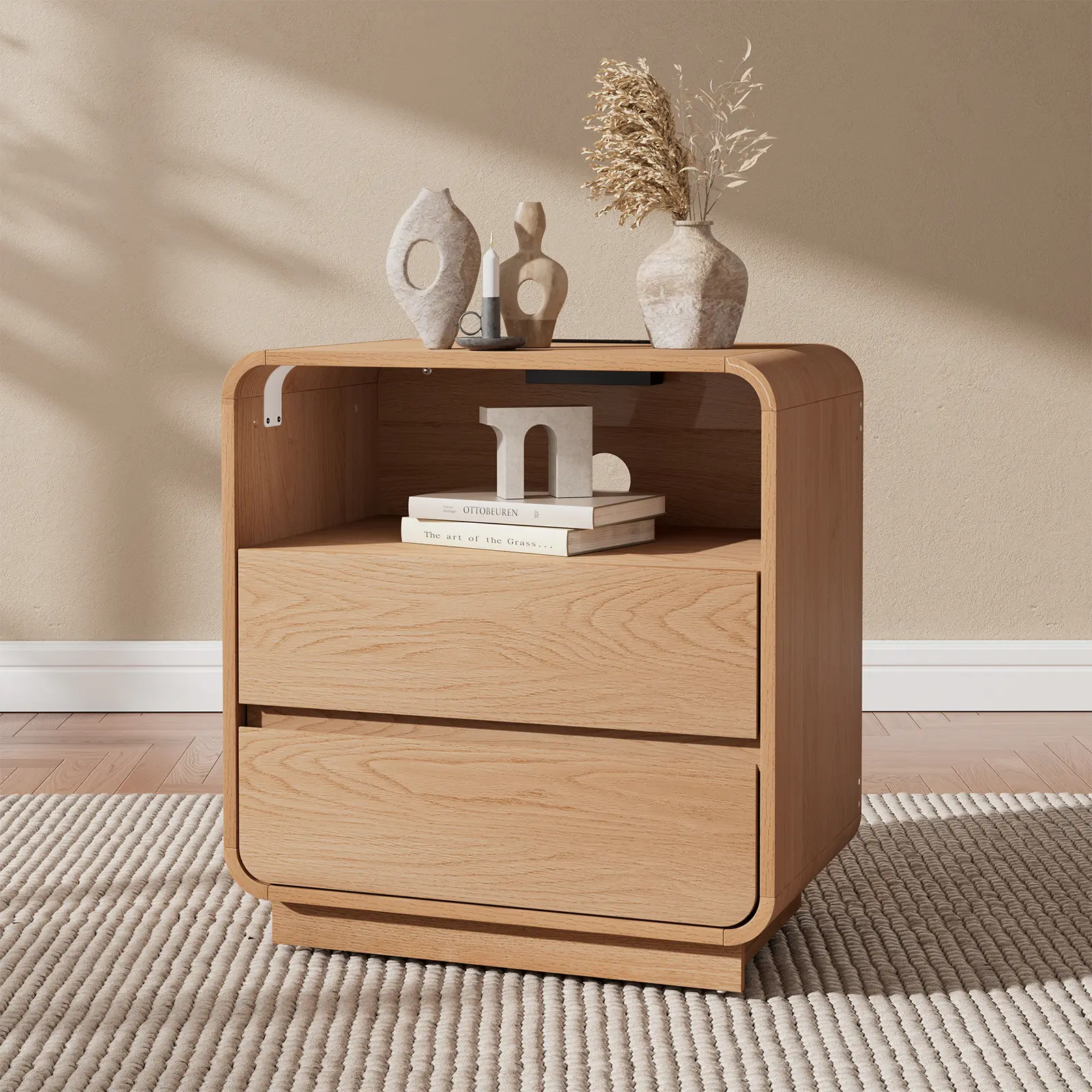 HOMMPA 24'' Tall Curved Nightstand with Charging Station, 23'' Wide Wood Bedside Table w/ 2 Storage Drawers & Open Shelf, Modern Night Stand End Table for Bedroom, Curved Profile Design