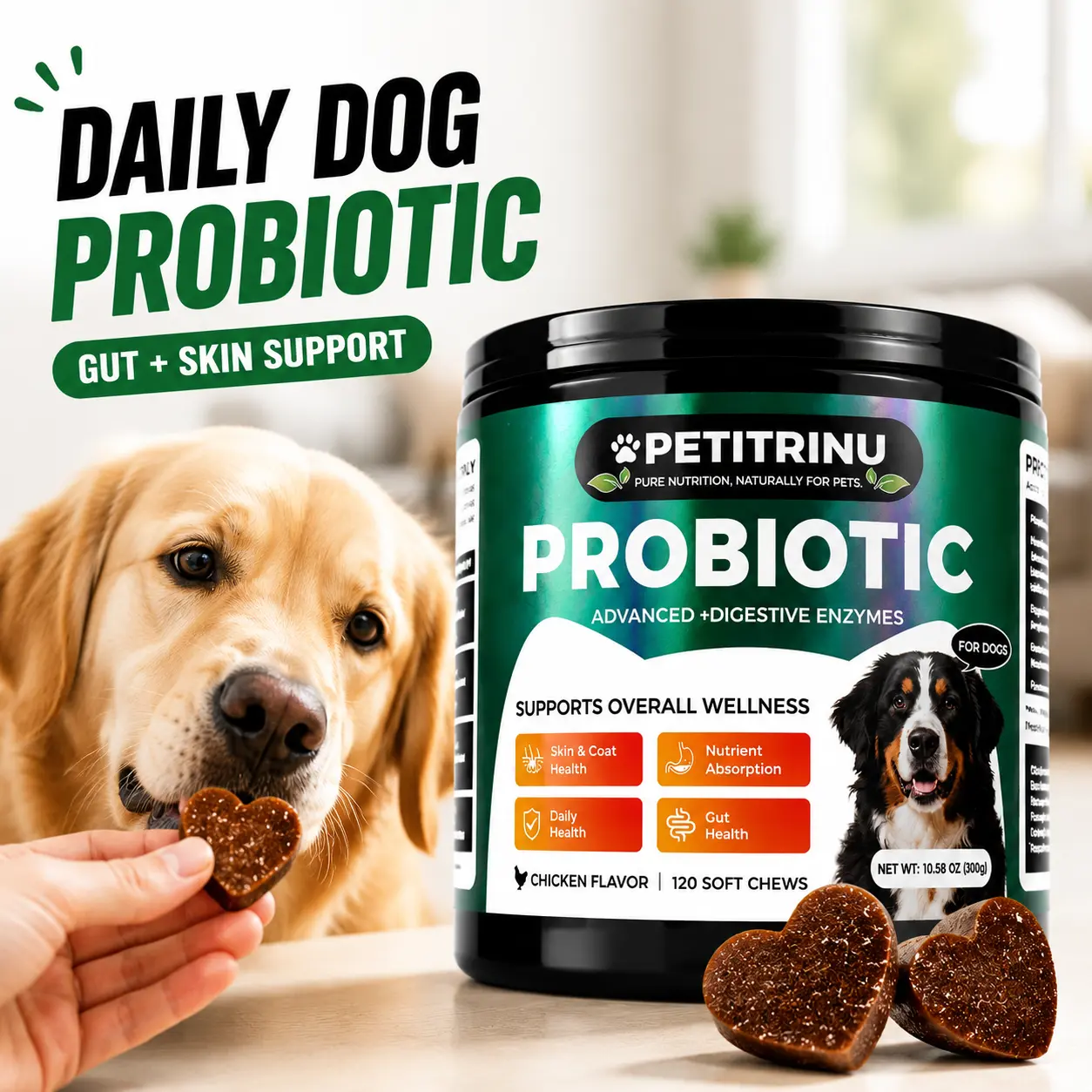 Natural Grain-Free Dog Probiotic Soft Chews, 6-Strain Digestive Enzyme Bites for Gut & Skin Health, Delicious Chicken Flavor, Allergy Relief, Itchy Skin Support & Immunity Boost