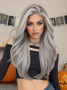22 Inch Silver Color Lace Front Wig, Medium Length Curly Hair, Natural Look for Cosplay, Halloween, Daily Use, No Bangs, Wavy Wigs, Synthetic Wavy Wig