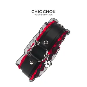 CHICCHOK Kitty Love Choker - Black Red Genuine Leather Lace Adjustable Necklace with Bell Vintage Charm Cosplay Accessory