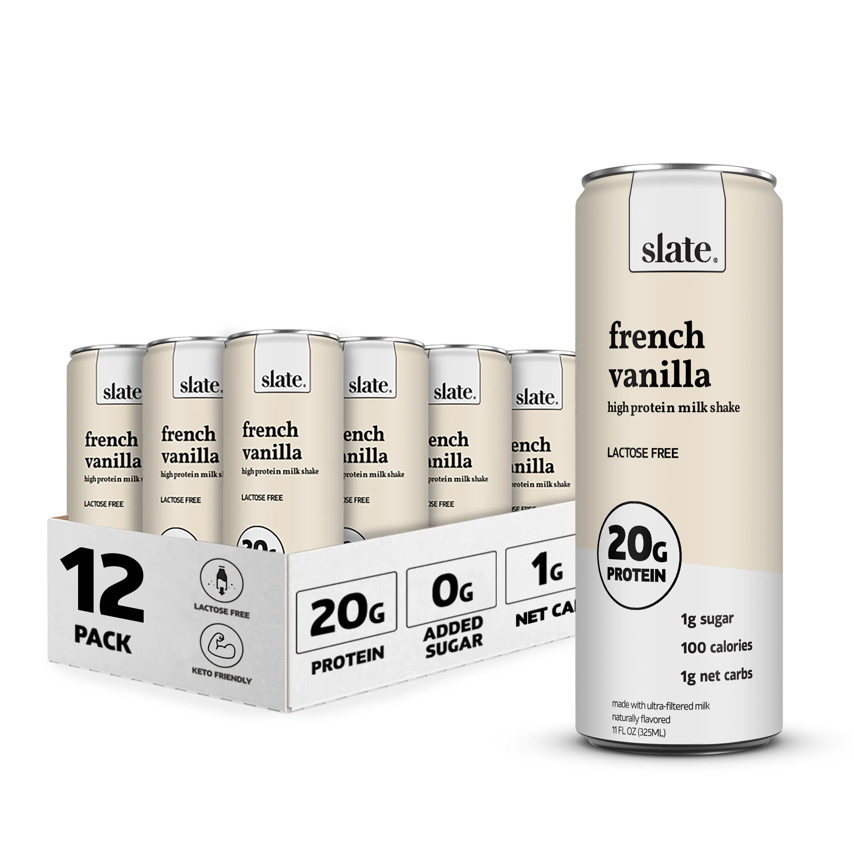 Slate Milk - High Protein Shake, French Vanilla, 20g Protein, 0g Added Sugar, Lactose Free, Keto, All Natural
