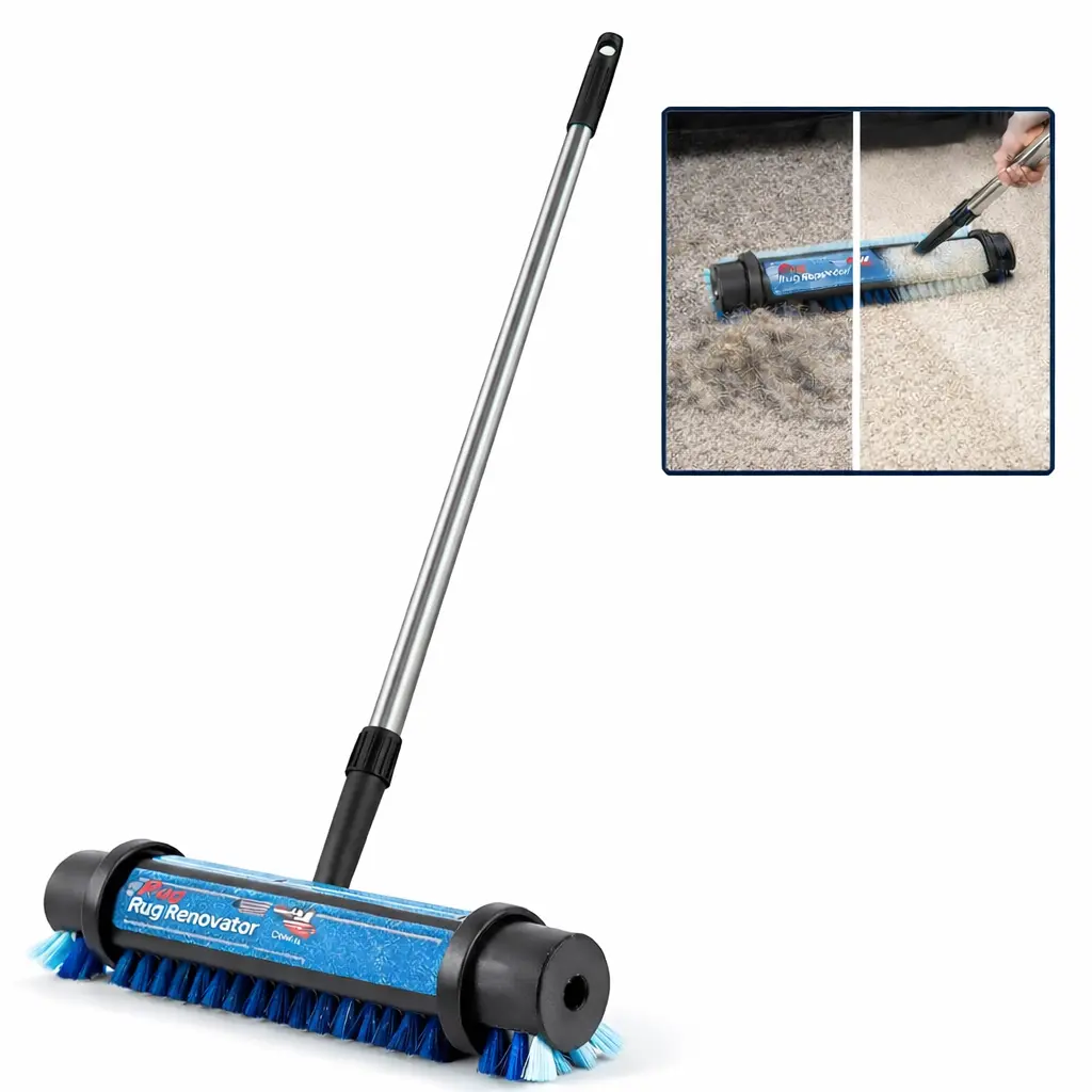 Manual Carpet Cleaning Brush with Long Telescopic Handle, Dual Nylon Bristles for Rugs, Stairs, Pet Hair & Dirt Removal