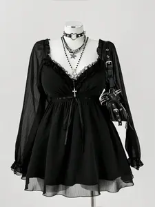 Sunspun Plus Size Women’s Solid Color Lace Trim Blouse – Elegant Commuter Fall Top