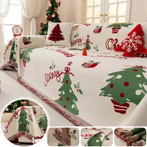 1 Pc Christmas Tree Sofa cover, Woven Couch Cover with Tassel Fringe, Pet-Friendly Washable Non-Slip Reversible Scratch-Resistant Soft Furniture Protector, fits 1–4 Seater Armchair/Sectional, Sofa Couch Covers