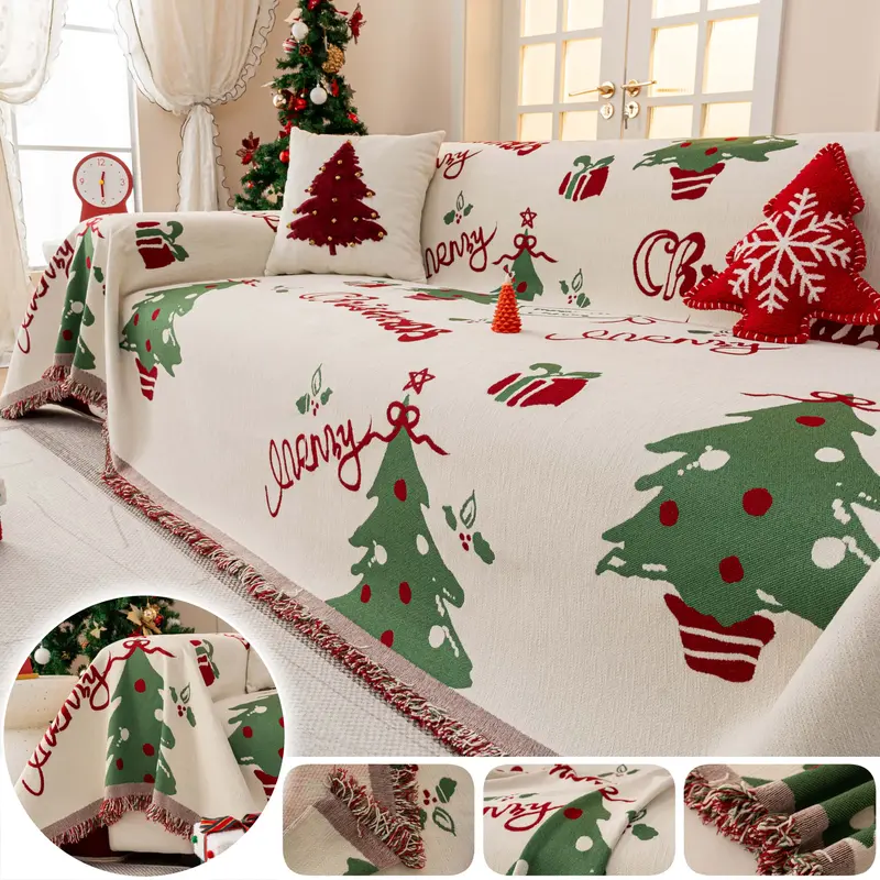 Christmas Tree Sofa cover, Decorative Sofa Cover, Washable Couch Covers, Woven Couch Cover with Tassel Fringe, Slipcover for Sofa, Pet-Friendly Washable Non-Slip Reversible Scratch-Resistant Furniture Protector, fits 1–4 Seater Armchair/Sectional