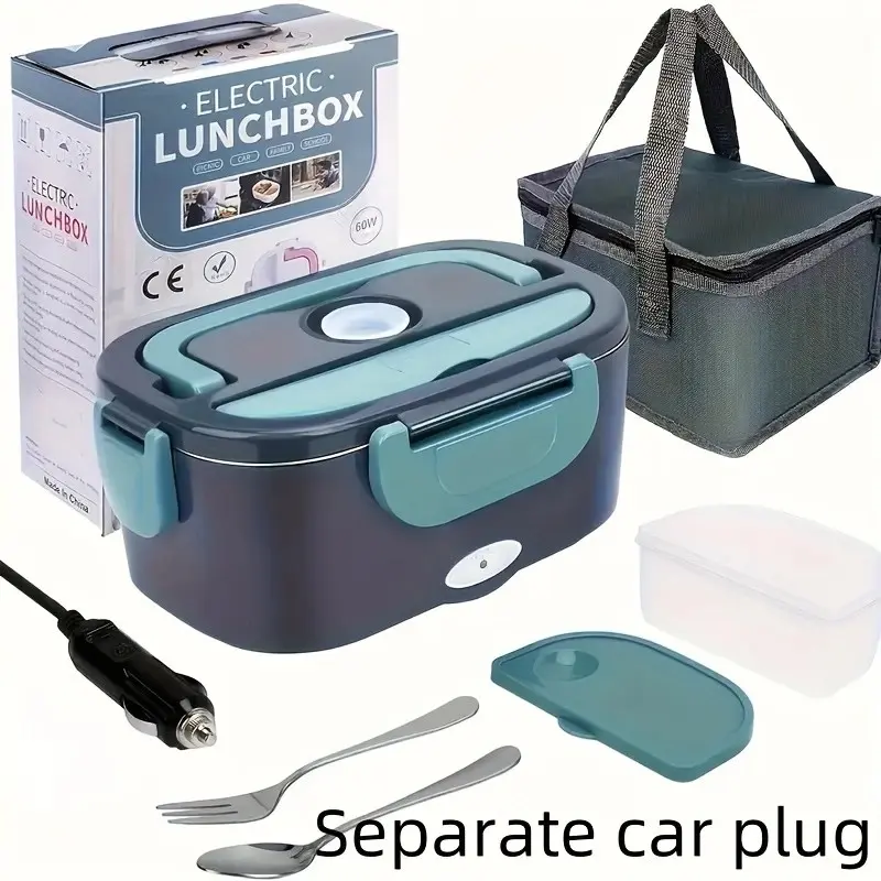 Portable Insulated Heating Student Lunch Box, 50.72oz Stainless Steel Container, Leak-Proof, Car Plug (12V/24v), Includes Spoon and Bag, Thermal Lunch Box, Insulated Lunchbox