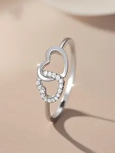 Double Heart Design Artificial Zirconia Rings for Women & Girls, Elegant Jewelry for Wedding Engagement Ring, Suitable for Daily Dating Wear & As Birthday Anniversary Valentine's Day Gift
