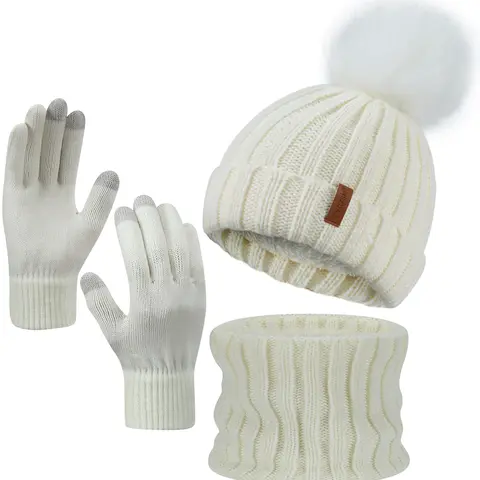 Women's 2026 Latest Fall-Winter 3-Piece Thermal Thick Fleece Knit Beanie-Cuff Scarf-High Elasticity Touch Screen Gloves Set - Acrylic Classic Casual Commute Outdoor Accessory, Elastic Fit for Most, Ideal for Skiing, Skating, Hiking, Sohochic Gift