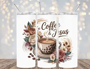 20 OZ COFFEE DESIGNS INSULATED SKINNY TUMBLER W/ STRAW