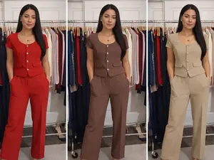 Square-Neck Button-Up Set with Gold Buttons Short Sleeves for Stylish Outfits Modern Design Classic Look Versatile Use Elevate Your Style